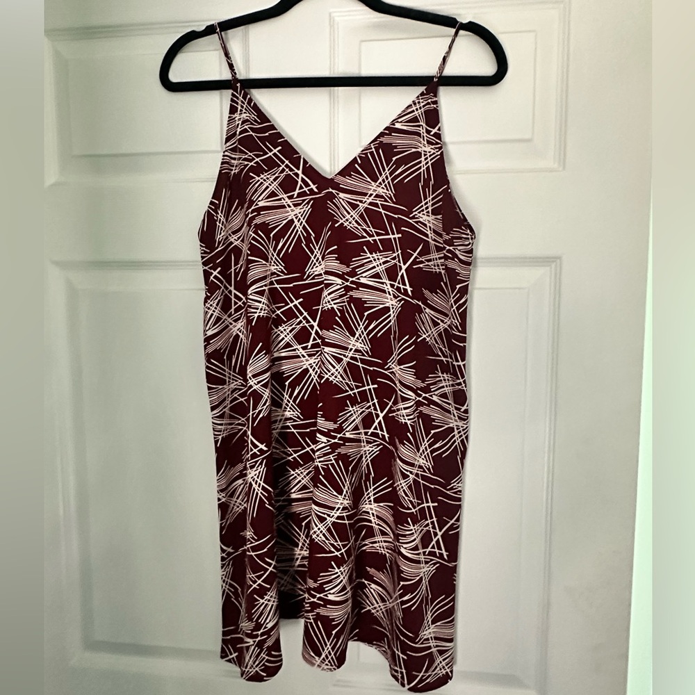 Article Burgundy Spaghetti Strap Shift Dress with White Abstract Line Pattern